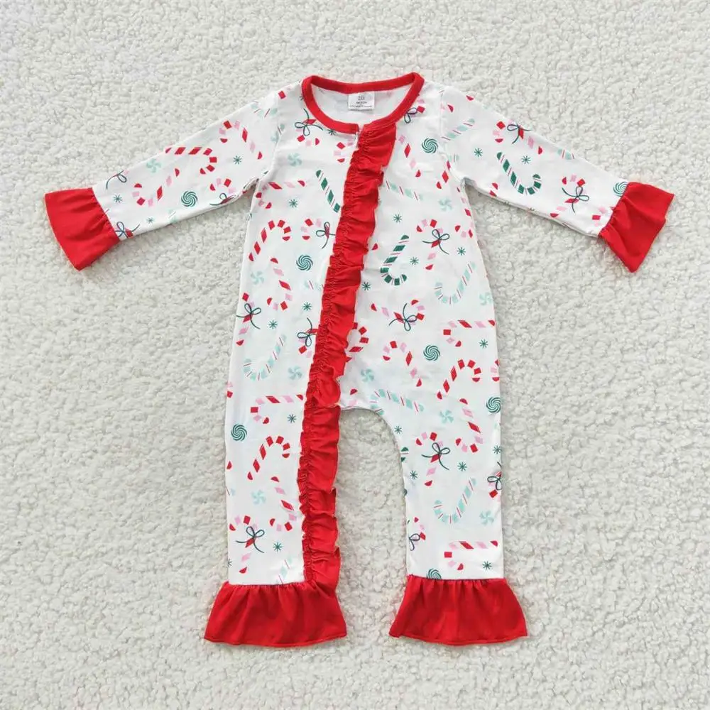 Wholesale Newborn Christmas Candy Corn Romper Ruffle Kids Girl Clothing Toddler Infant Children Long Sleeves Jumpsuit One Piece