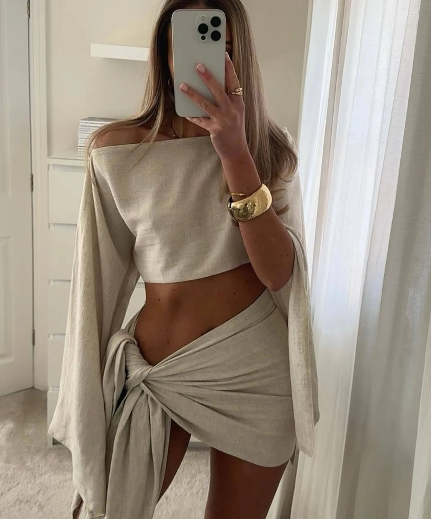 HOTSHOT Beach Cover Ups Women Linen Long Pagoda Sleeve Crop Top 2 Piece Set One Piece Twisted Knot Mini Skirt Suit Summer Lady