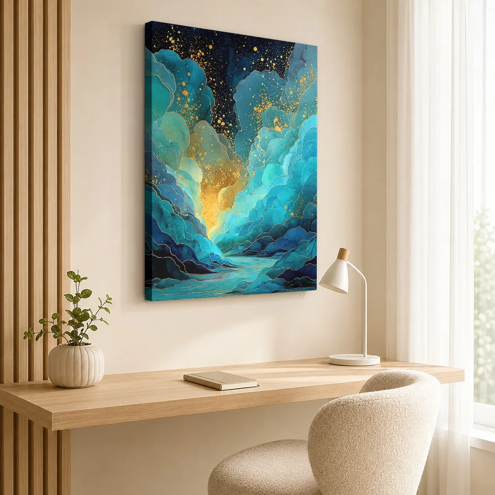 Blue And Gold Cloudlike Landscape Canvas Print Personalized Photo Abstract Wall Art For Creative Studio, Interior Stylist Gift