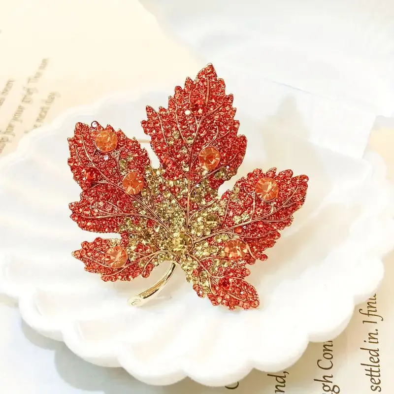 Trendy Red Maple Leaf Metal Brooches For Women Men Crystal Plant Brooch Party Birthday Winter Jewelry