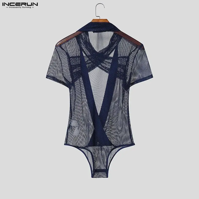 INCERUN Men's Bodysuits Solid Color Short Sleeve Mesh Hollow Out Romper For Man Playsuits See Through Sexy 2026 Fashion Bodysuit image 5