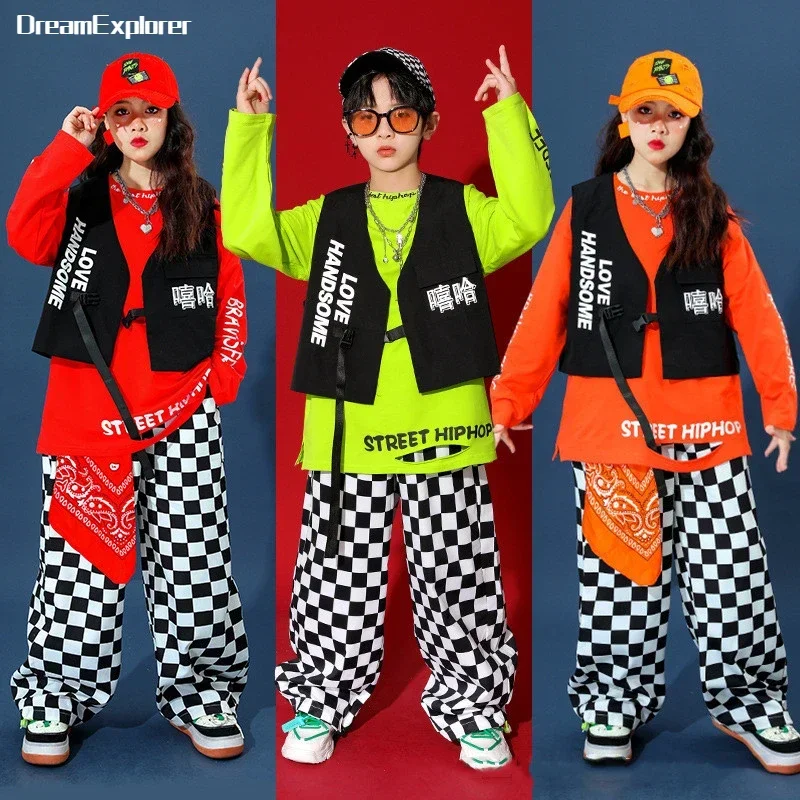 

Girls Hip Hop Vest Solid Sweatshirt Street Dance Plaid Pants Outfits Boys Streetwear Child Checkered Joggers Kids Jazz Costumes