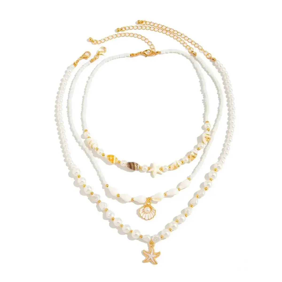 Boho 3Pcs Set Imitation Pearl Starfish Pendant Necklace for Women Y2K Style Oil Drop Charm Clavicle Chain Jewelry