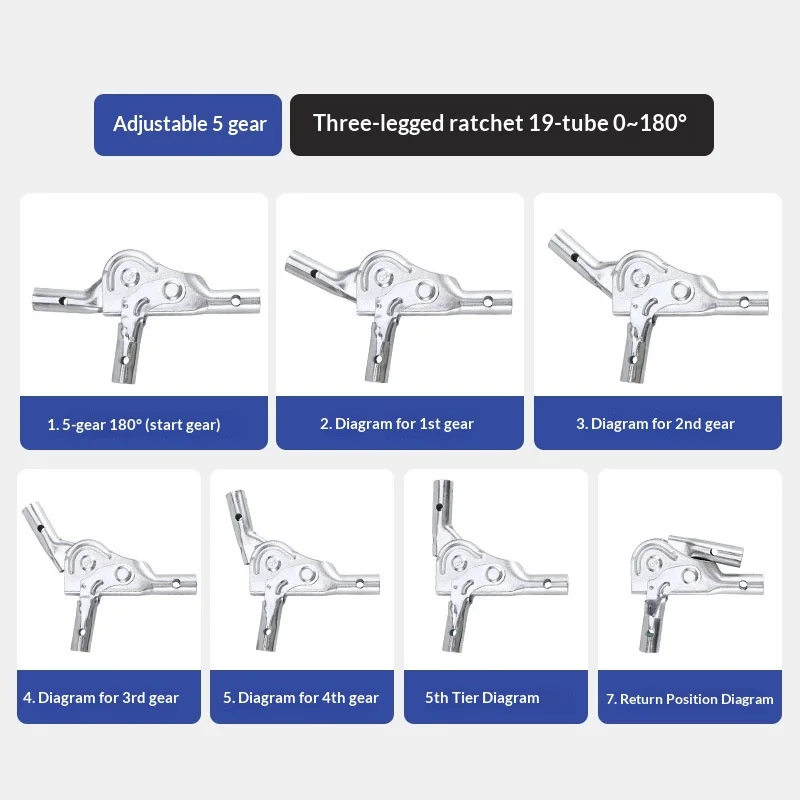 2PCS Five Adjustable Sofa Joint Accessories Three Foot Ratchet Hardware Accessories Three Tube Folding Hinge 0-180 Degrees