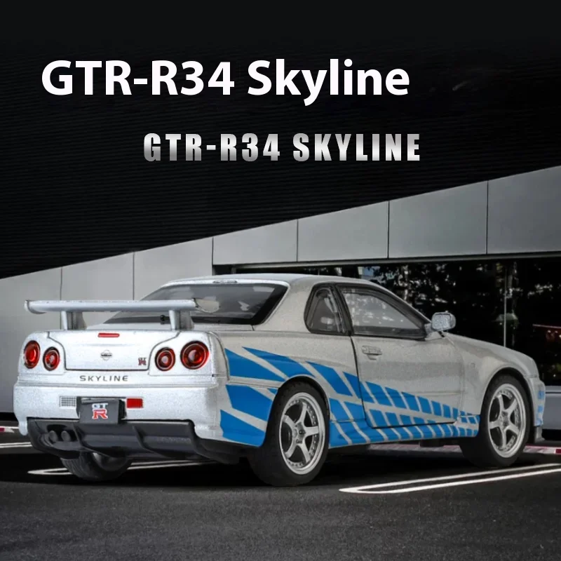 1:32 Nissan GTR R34 Skyline Supercar Alloy Metal Diecast Car Model Toy Racing Car Simulation Sound Light Childrens Gift