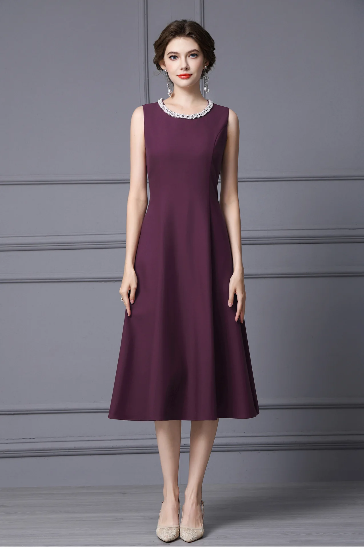 ZJYT 여성용 비딩 O넥 민소매 베이직 드레스 가을 신상 2025 패션 솔리드 미디 탱크 캐주얼 파티 드레스 여성 의류