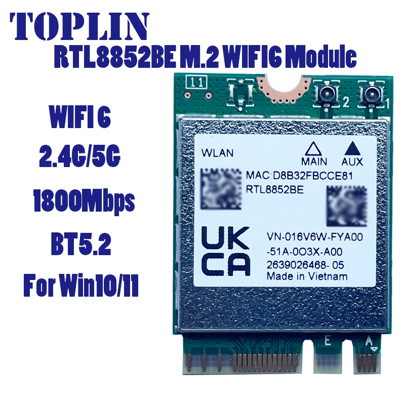 

Wifi 6 RTL8852BE Network Card 1800Mbps BT 5.2 Dual Band Wireless Wi-Fi Adapter 802.11ac/ax 2.4G/5Ghz MU-MIMO For Win 10/ 11