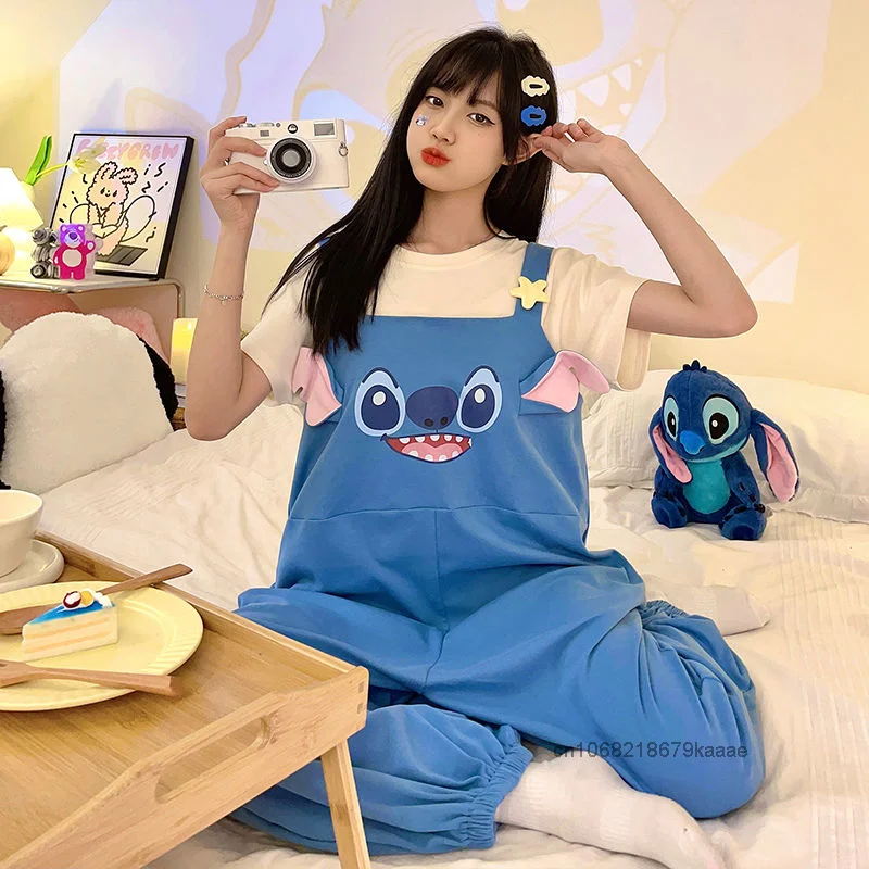 Disney Stitch Pure Cotton New Sleepwear Women's Summer Korean Version Casual Pajamas Cute Cartoon One-piece Style Home Suit Set