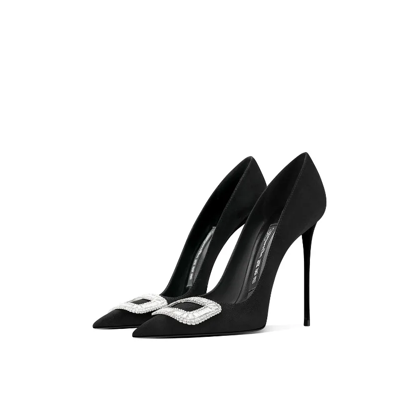 

Black lamb rhinestone square buckle design,niche socialite,2025 autumn season new pointed, slim heel high-heeled shoes for women