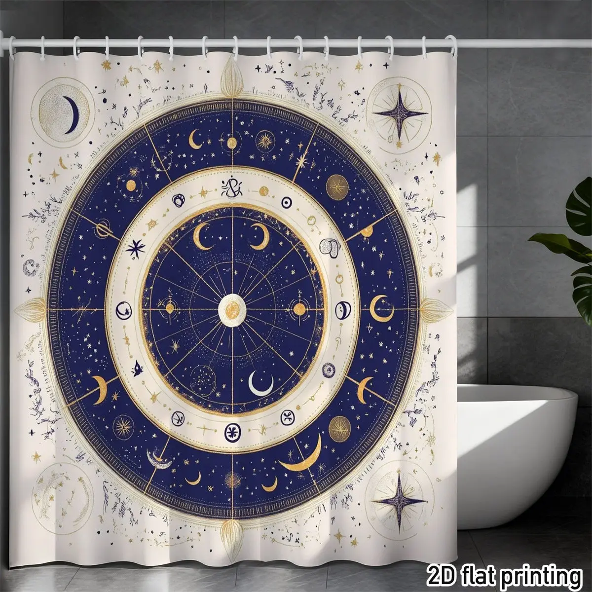 

Astrological Celestial Shower Curtain 72x72 Polyester Washable with Gold Moon Stars & Zodiac Design