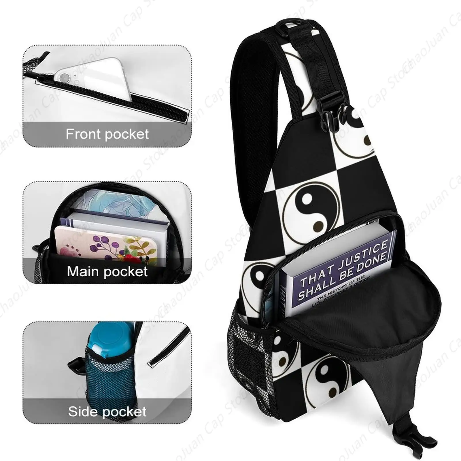 Bolso bandolera con símbolo de Yin Yang |   Mochila bandolera ajustable en blanco y negro |   Mochila informal ligera para viajes, senderismo