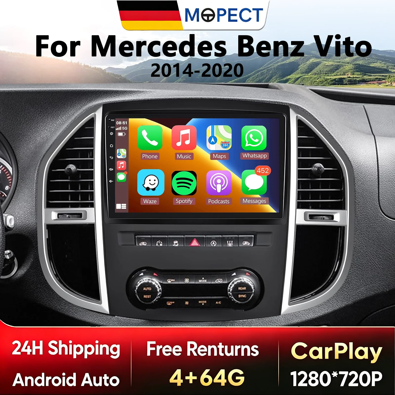 MOPECT Kabelloses CarPlay Android Autoradio für Mercedes Benz Vito W447 2014-2020 2 DIN Multimedia-Stereosystem mit Integriertem Lüfter GPS-Navigation SWC Bluetooth FM RDS IPS-Bildschirm Intelligente