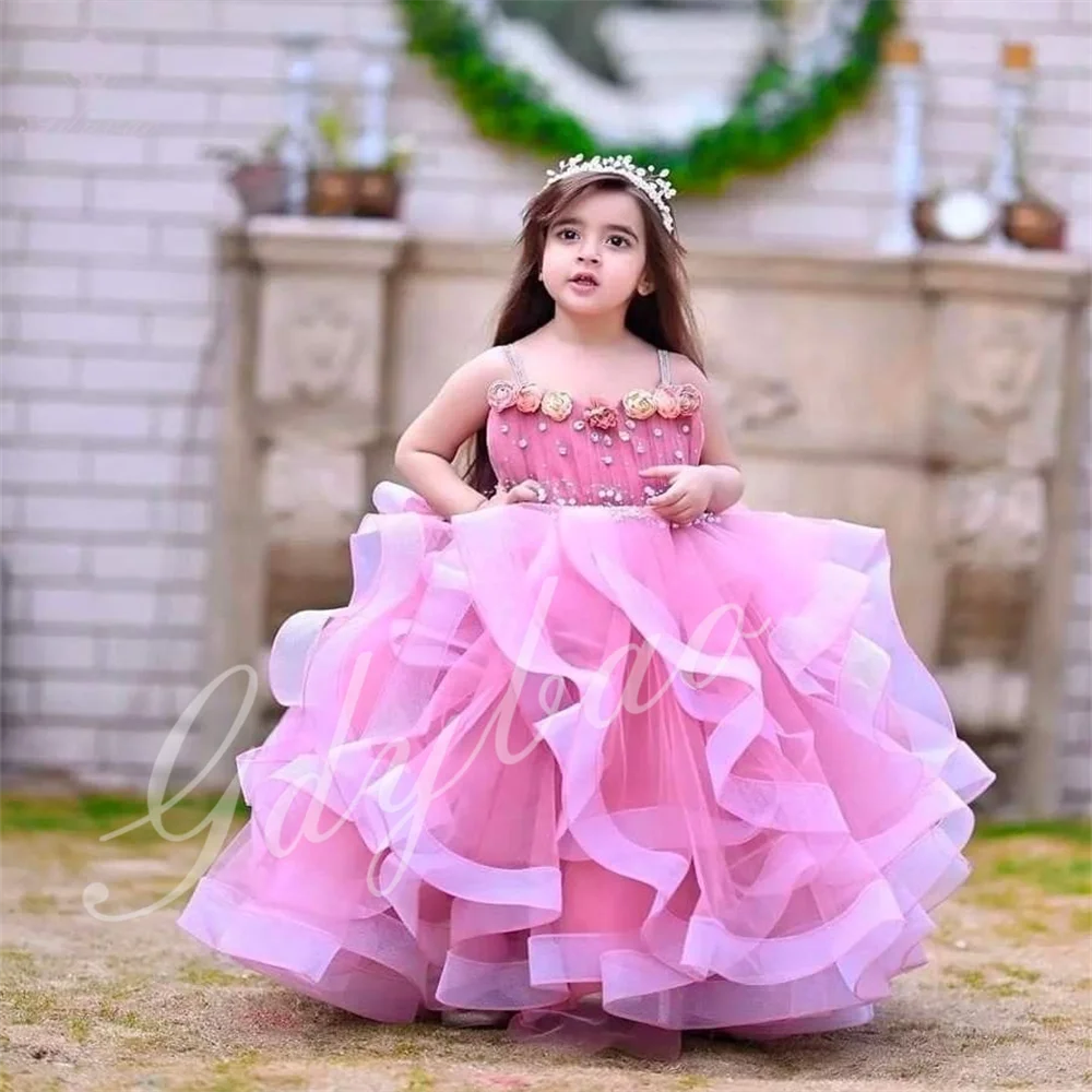

Pink Flower Girl Dress With Thin Straps Ruffle Edges Handmade Flower Design For Children's Birthday Party First Communion Dress