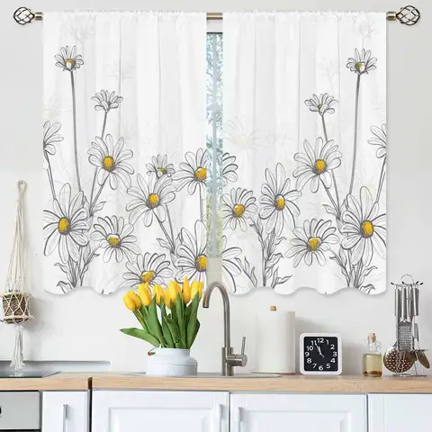 Daisy Sketch Curtains Simple Line Art Flower Print for Kitchen Window Home Decor