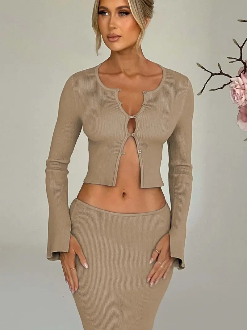 Imagem -05 - Deioao-vestido Bodycon de Malha para Mulheres Tops Cortados Manga Comprida Magro Monocromático Fino Elegante Sexy Moda Verão Peças 2023