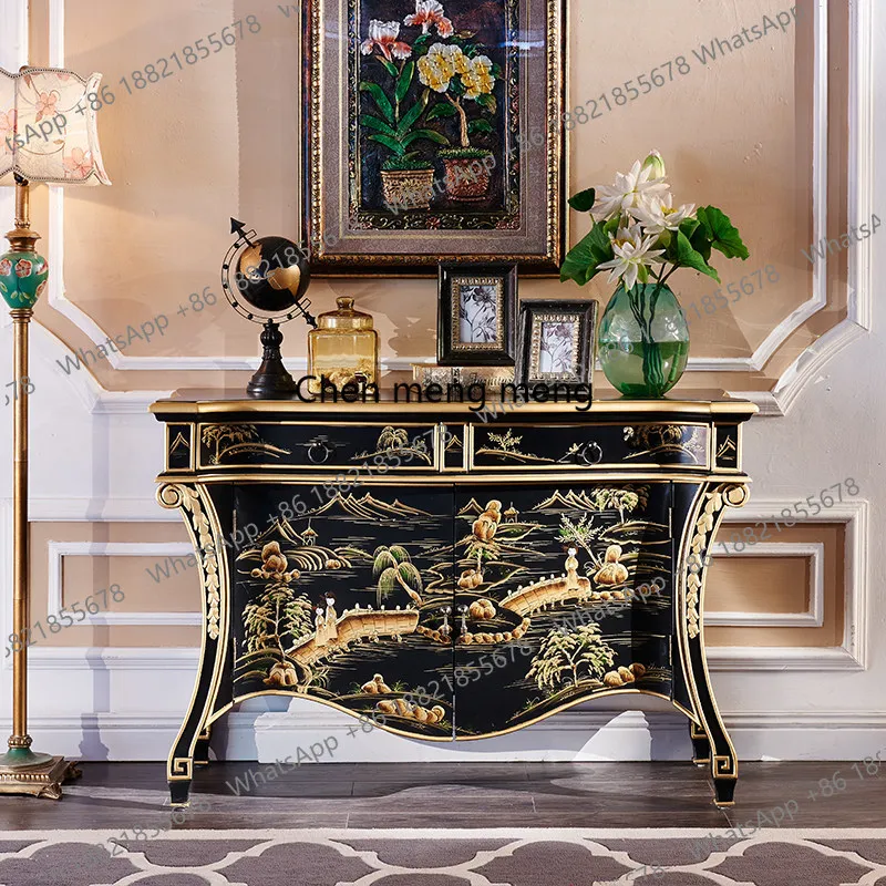 American solid wood entrance cabinet hand-painted living room light luxury sofa side cabinet  classical decorative cabinet