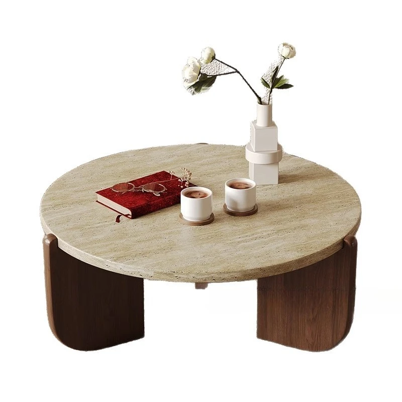 

solid wood travertine coffee table, round marble, small apartment, living room, household, balcony, minimalist small tea table