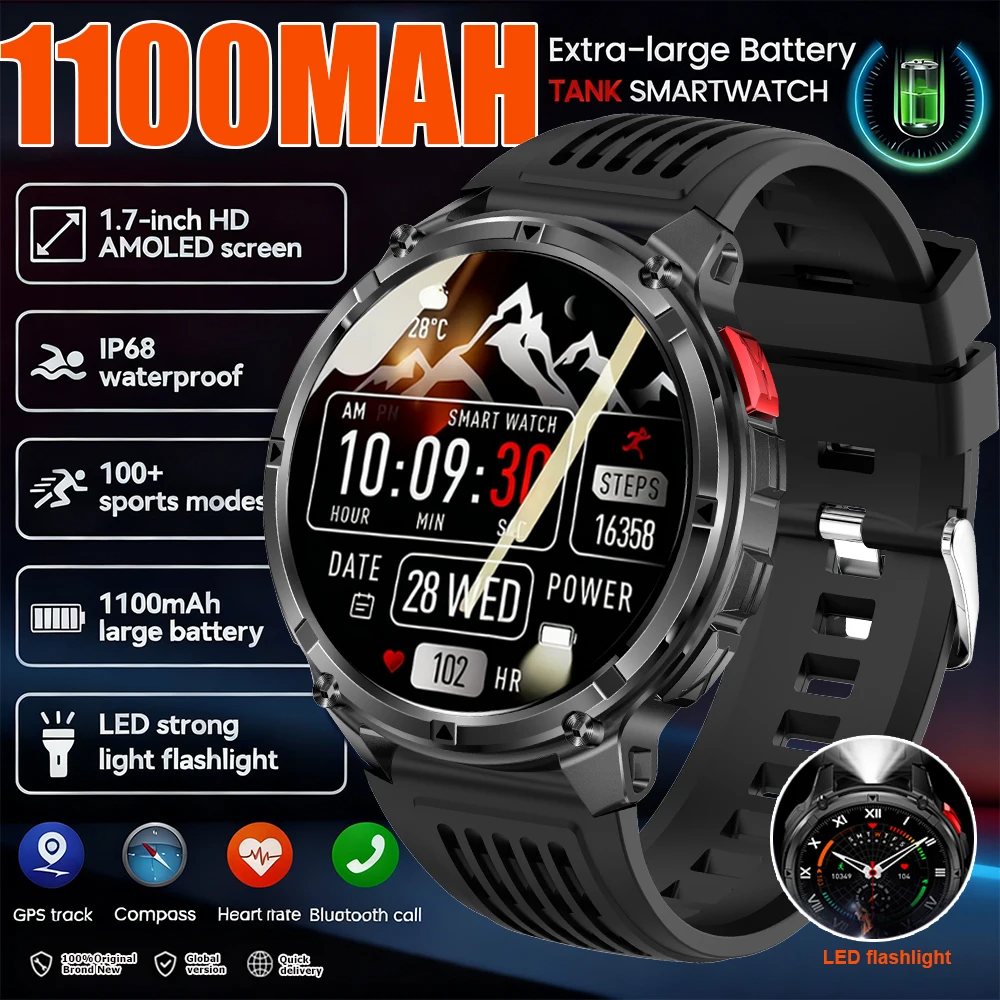 

2026 New Outdoor 1100mAh Large Battery Watches Men GPS Compass Waterproof Sports Smart Watch Bluetooth Call AMOLED HD Smartwatch