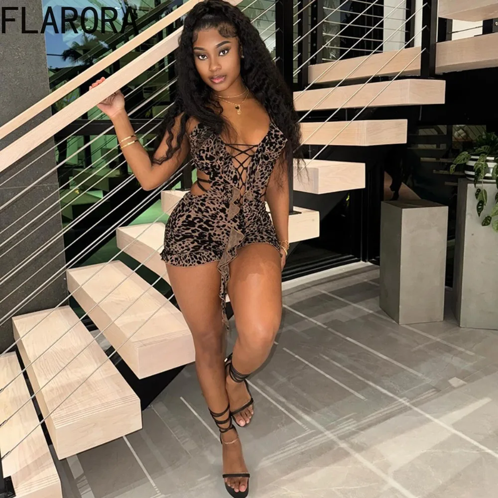 FLARORA Sexy Leopard Printing Ruffle Rompers Woman Low Neck Hollow Out Bandage Backless Skinny Romper Party Clubwear Clothing