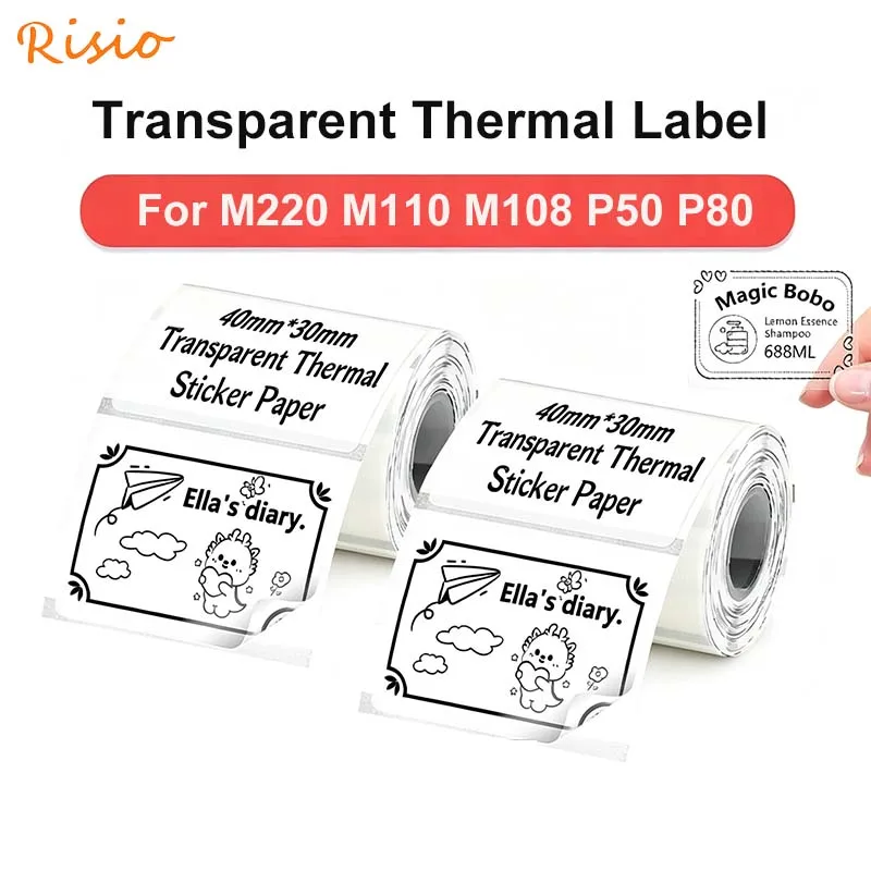 Transparent Clear Thermal Label Risio 50*30mm 40*30mm 40*20mm Waterproof Adhesive Roll Sticker Paper Phomemo M110 M220 P50 E210