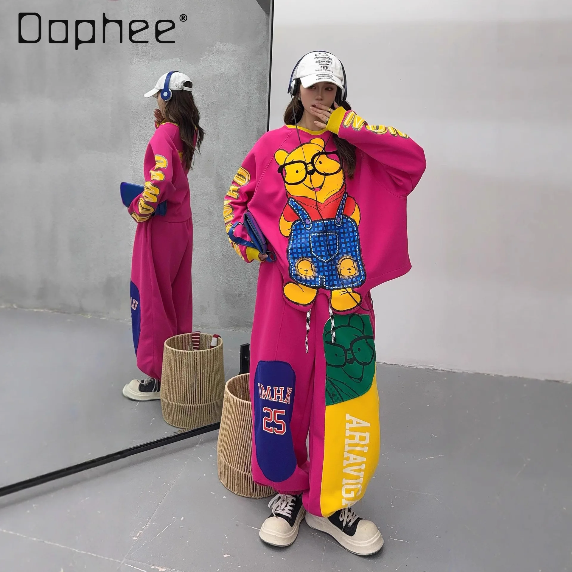 

European Style Casual Sports Suit for Women 2025 New Autumn Fashionable Cartoon Sweatshirt and Pants Two-Piece Sets