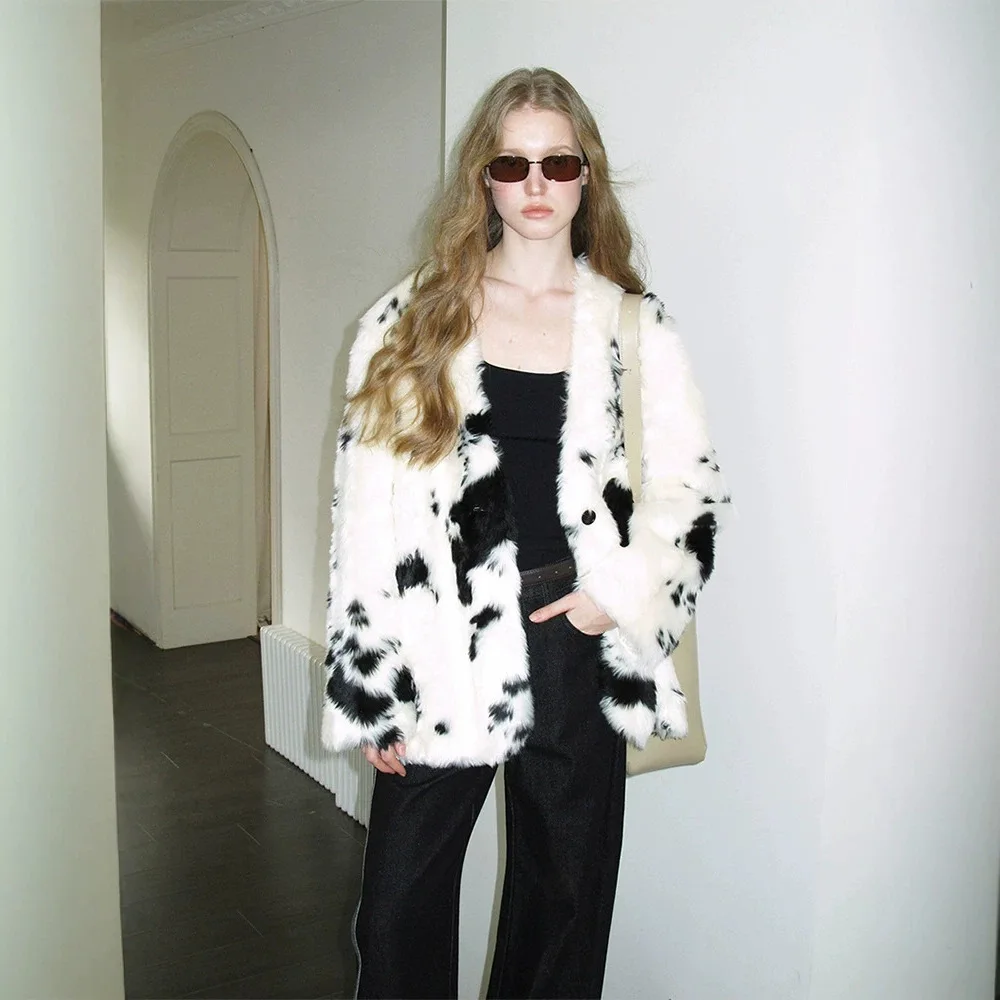 Fashionable Cow Print Faux Fur Coat V-Neck Single-Breasted Loose Style Jacket Women Eco-friendly Fur Classic and Elegant Top