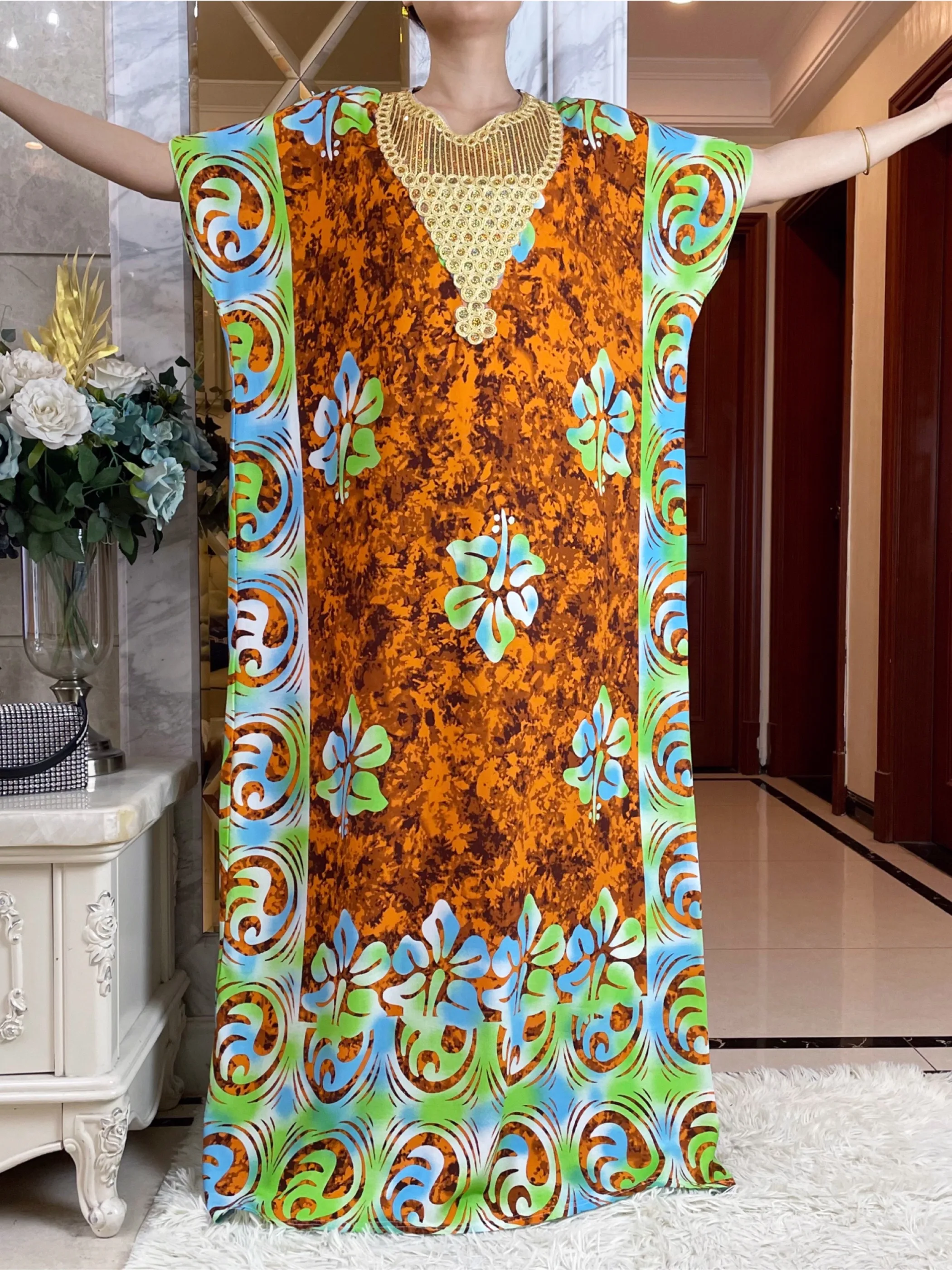 2024 New African Women Abayas Cotton Fabric Dresse With Big Scarf For Women Summer Short Sleeve Muslim Robe Traditional Clothing