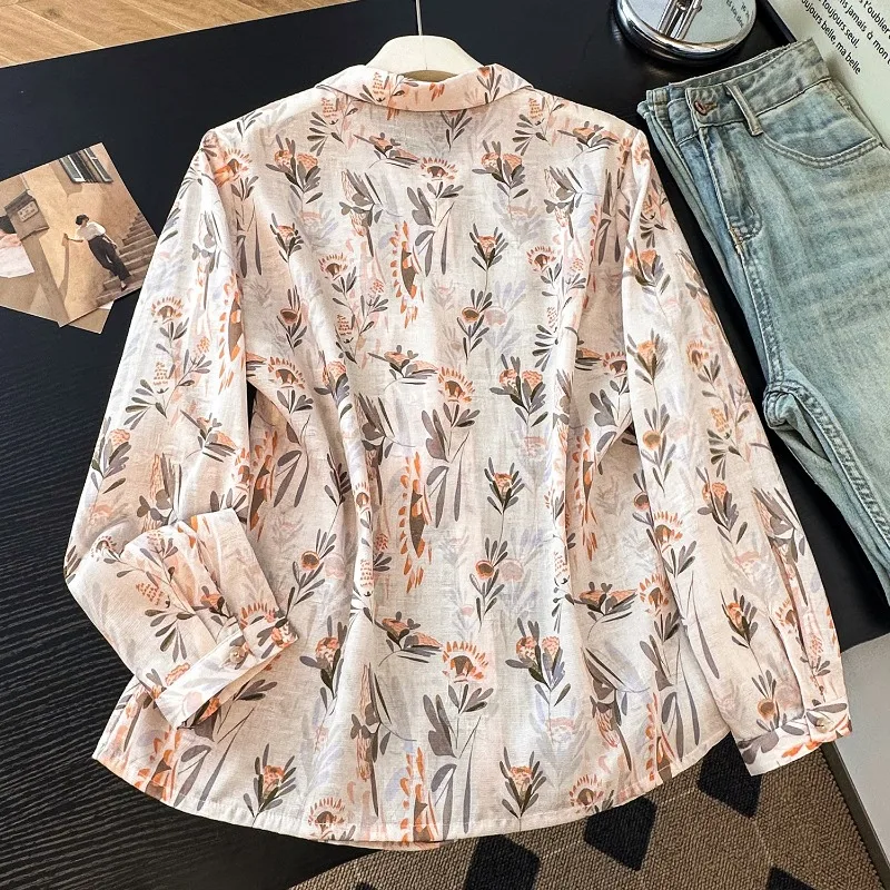 Cotton Linen Vintage Women\'s Shirt Summer Printed Clothing Sales Loose Long Sleeve Korean Tops Chinese Style Women Blouses