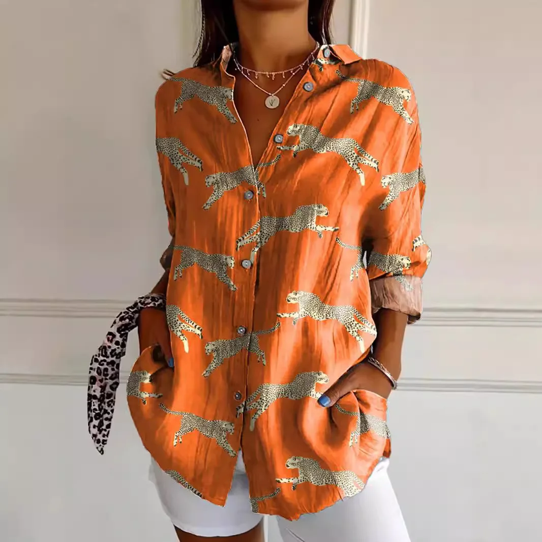 2024 New Women's Shirt Summer European and American Trendy Long Sleeve Shirt Printed 3D Shirt Flower Pattern