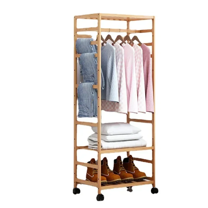 Bamboo MultiFunction Clothes Cabinet Rack FloortoCeiling Bedroom Coat Stand with Wheels Simple Storage for Bags