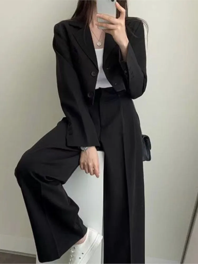 Korean Fashion Women Elegant Casual Business Pantsuits Vintage Chic Crop Blazer Jackets Straight Pants Two Pieces Female Outfits