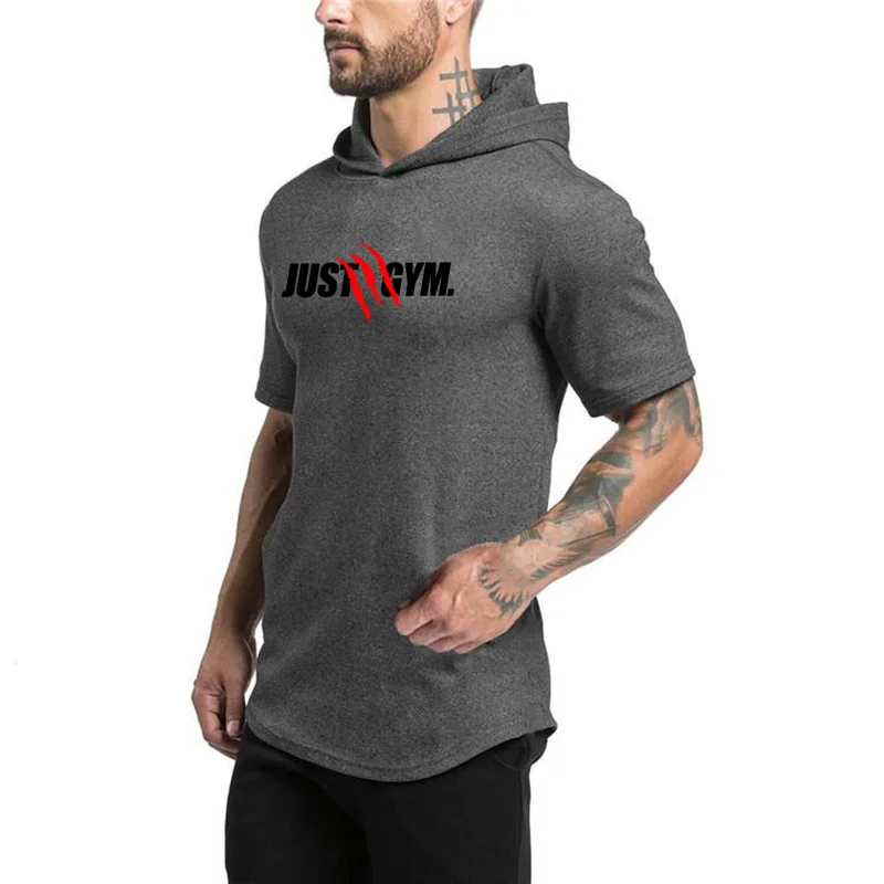 New Men\'s Casual Slim Fit Hooded T-Shirt Summer Short Sleeve Cotton Breathable Shirt Gym Training Bodybuilding Fitness Pullover