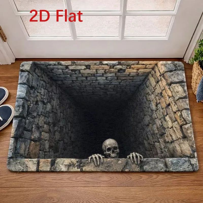 Halloween Trick Skeleton Stone Pit 3D Optical Illusion Flat Entry Mat Non Slip Absorbent Rug Party Bedroom Holiday Decor