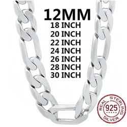 Solid 925 Sterling Silver Necklace For Men Classic 12mm Cuban Chain 18-30 Inch Charm High Quality Fashion Jewelry Wedding