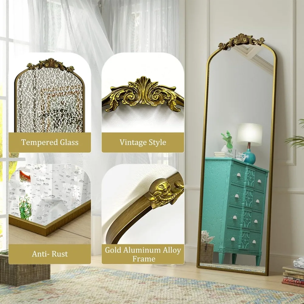 Gold Arched Full Length Mirror 78x32, Baroque Inspired Vintage Body Mirror for Wall, Ornate Floor Mirror for Dressing