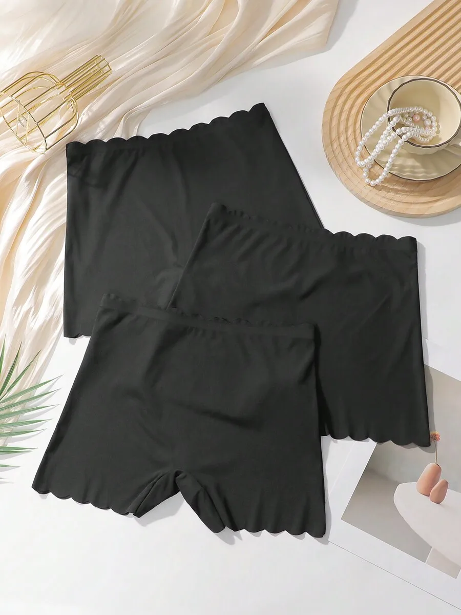 

3 Pcs Solid Black Scalloped Edge Boyshort Panties For Women