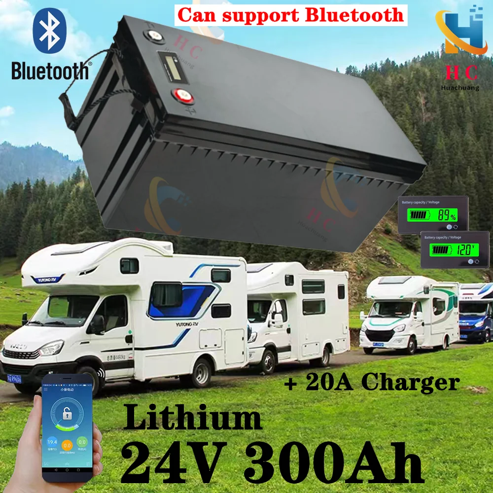 

waterproof 24V 300AH Lithium ion battery bluetooth APP BMS li ion for 3000W RV EV Solar energy golf cart UPS +20A Charger