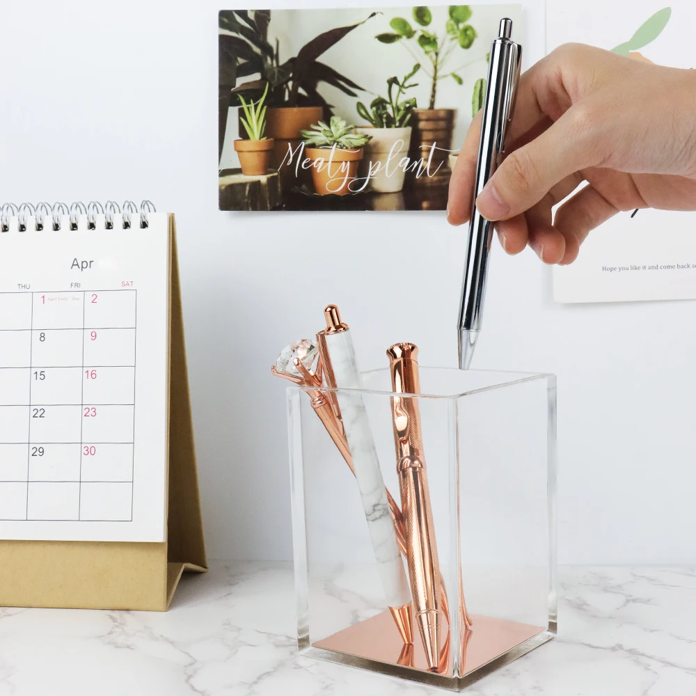 Pen Holder Clear Acrylic Makeup Brush Holder Pencil Holder Desk Organizer Cup Rose Gold Pencil Pot Office Organizer Accessories