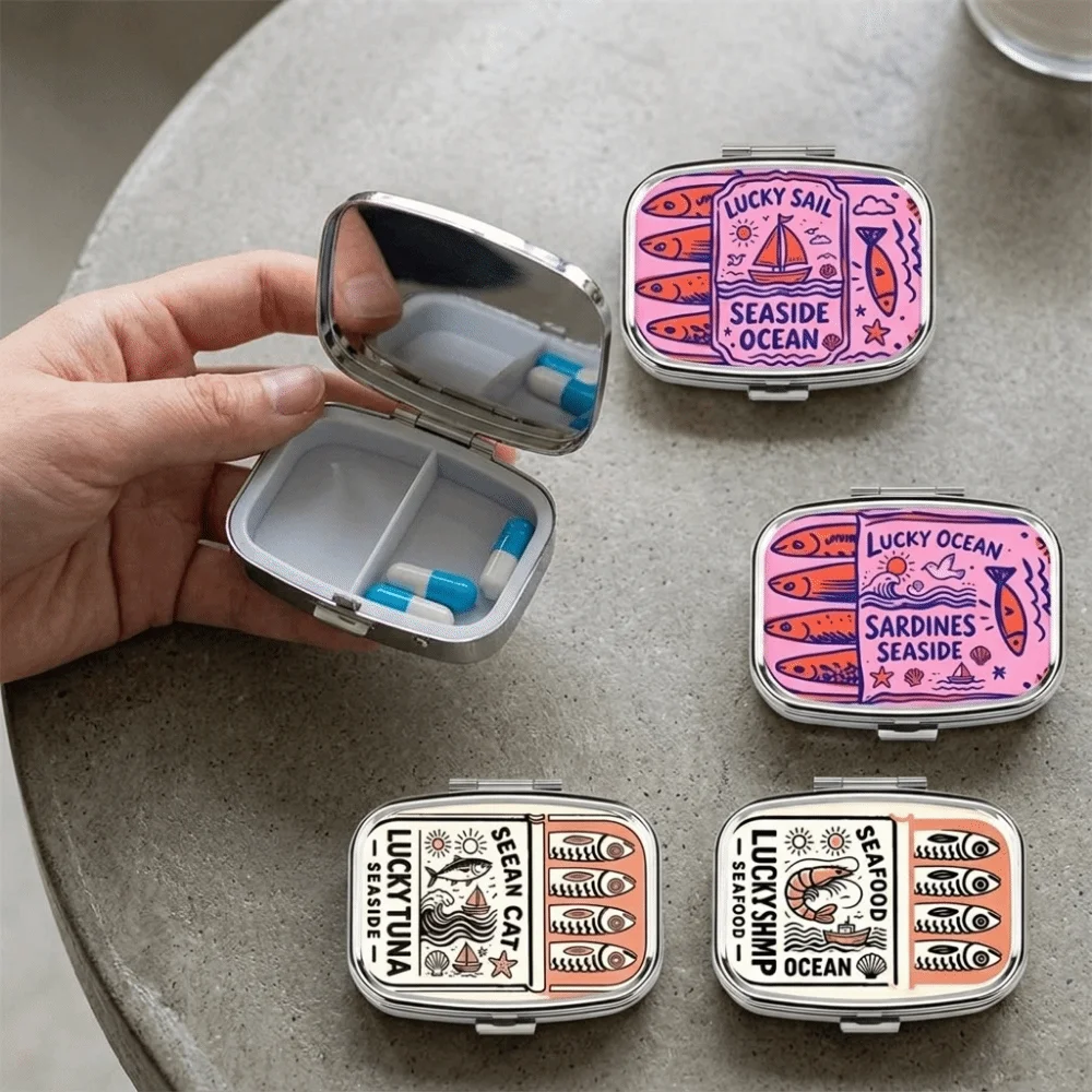 Multi-functional Metal Sardine Print Pill Box Cute Mini Pocket Pill Case Cartoon Ocean Style Pill Organizer Travel