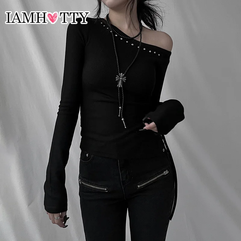 

IAMHOTTY Rivet Decorate Top Oblique Slash Neck T-shirt Autumn Spring Sexy Slim-fitting Long Sleeve Tops High Street Tops Punk