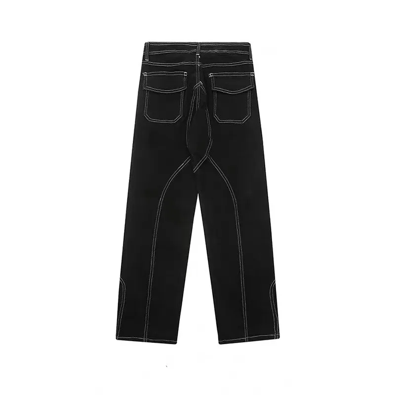 American High Street Bright Thread Slim Fit Slim Pant Hem Split Zipper Straight Leg Jeans Micro Flare Versatile Pants for Men an