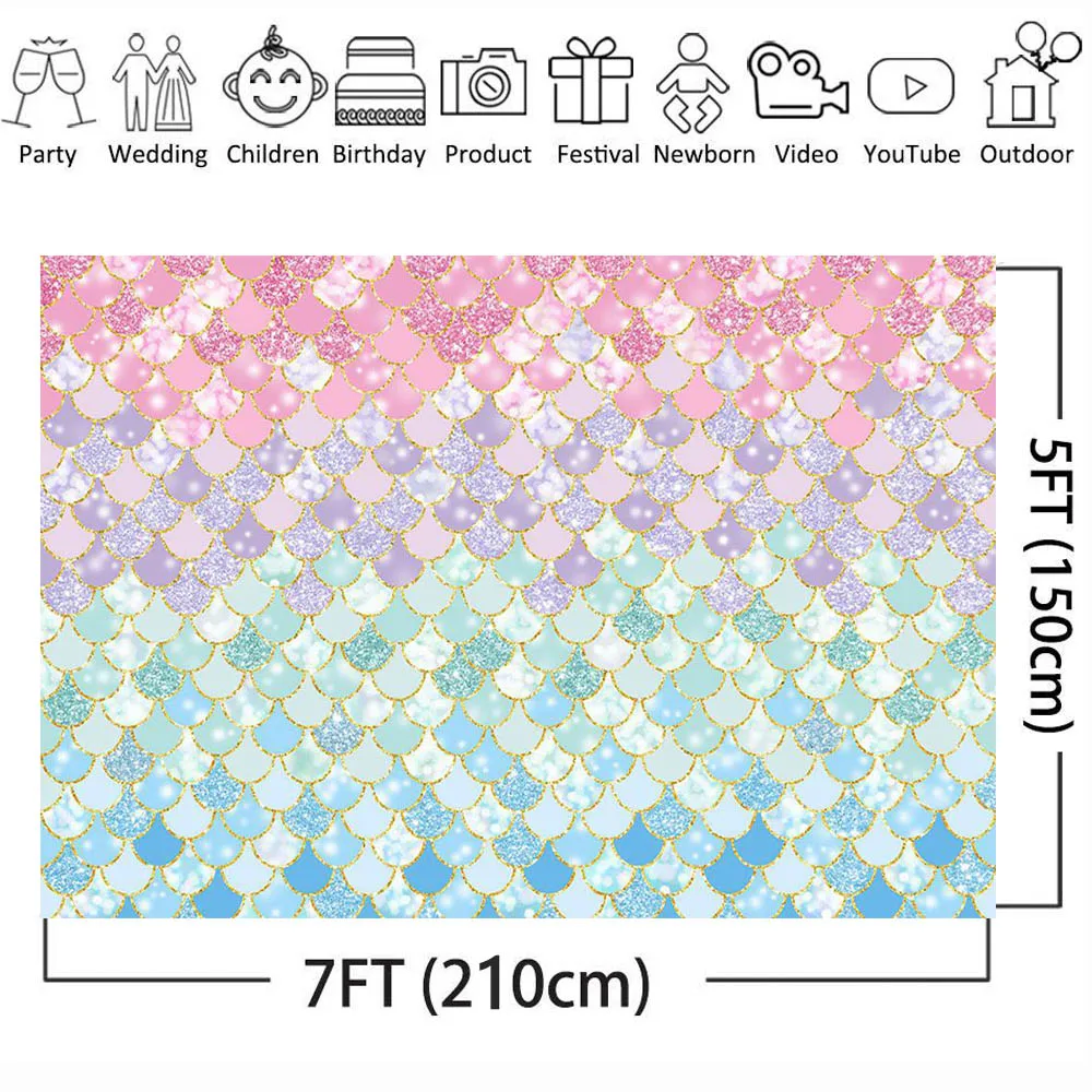 Mocsicka Girl Princess Birthday Backdrop Pink Purple Blue Mermaid Scales Photo Background for Photo Studio Photography Photocall
