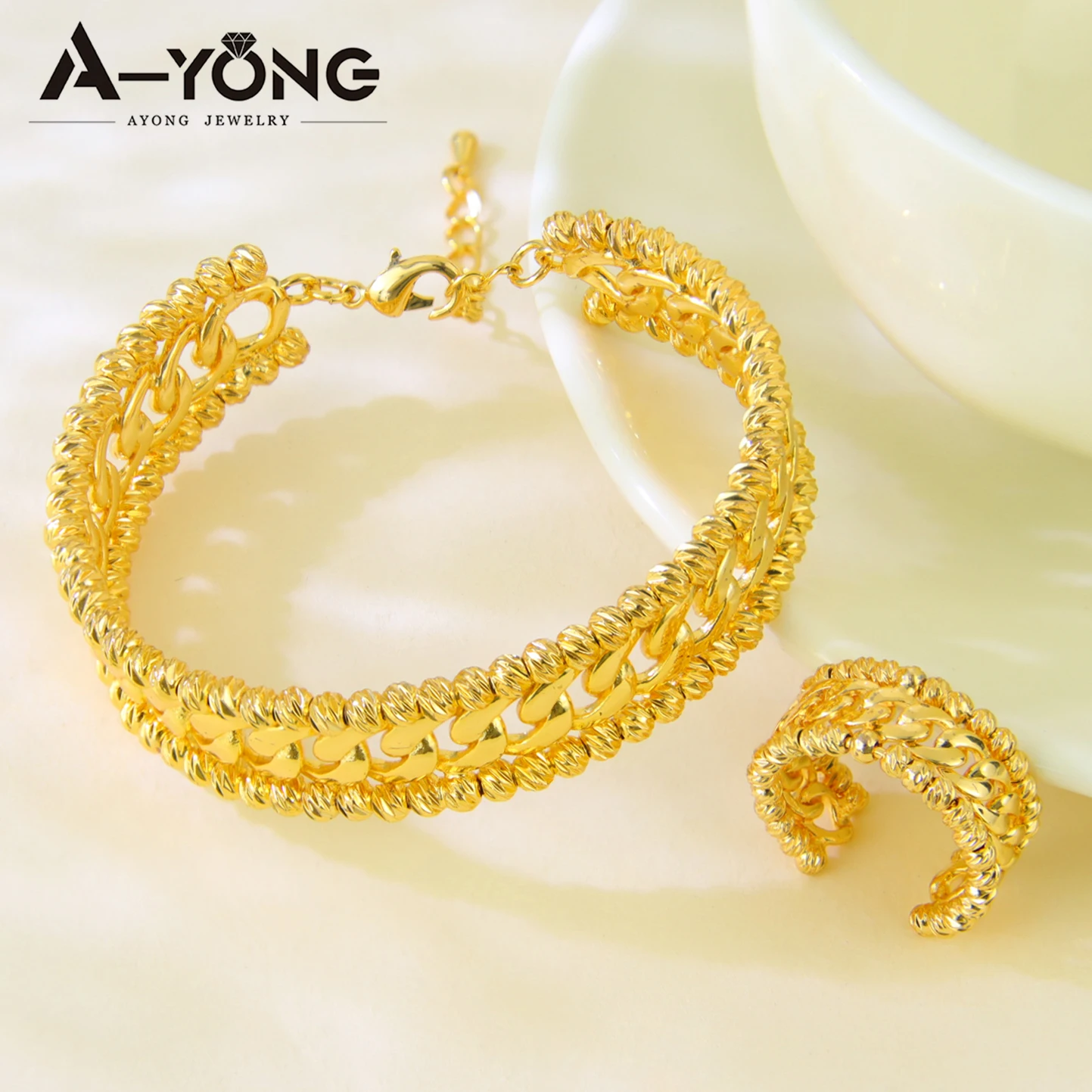 Nigeria Wedding Jewelry Set 24k Gold Plated Luxury Twist Gold Color Bracelet Ring Set Arab Dubai Women Engagement Party Jewelrys