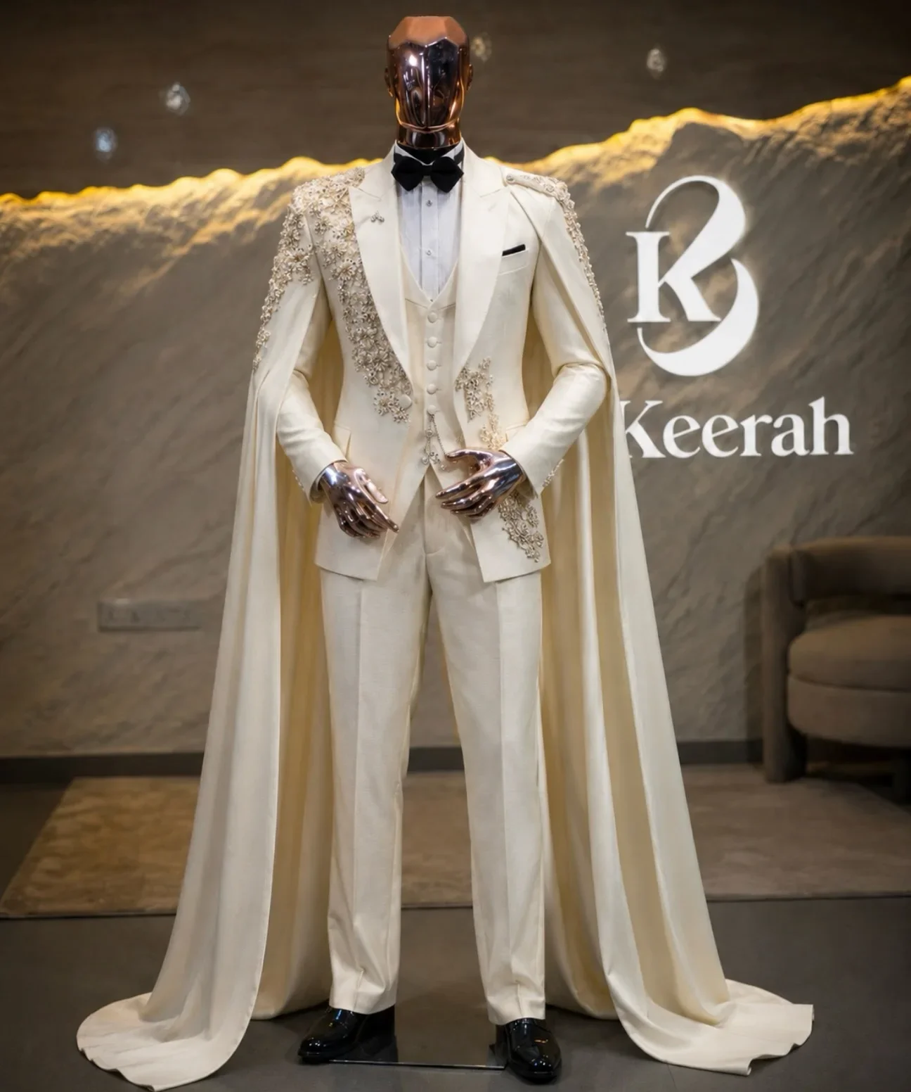 Sparkly Metal Embellished Men Suits 3 Pieces Sets Male Party Prom Blazers Fashion Groom Tuxedos With Cape Customized Ropa Hombre