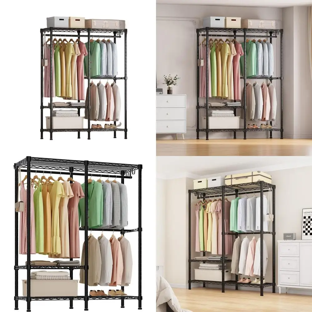

3-Tier Portable Clothes Rack with 2 Hanger Bars, 44.9W x 14.6D x 76.4H, Black, Holds Up to 600lbs