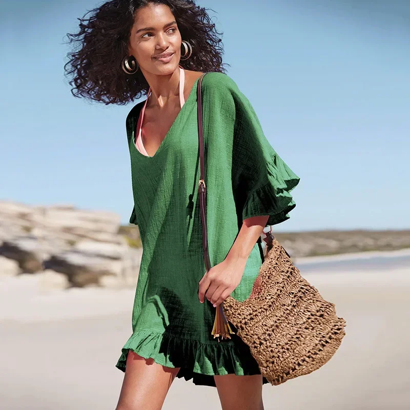 2025 Nuovo bikini europeo americano con scollo a V in cotone con nodo di bambù e camicetta da spiaggia per costume da bagno da vacanza per le donne