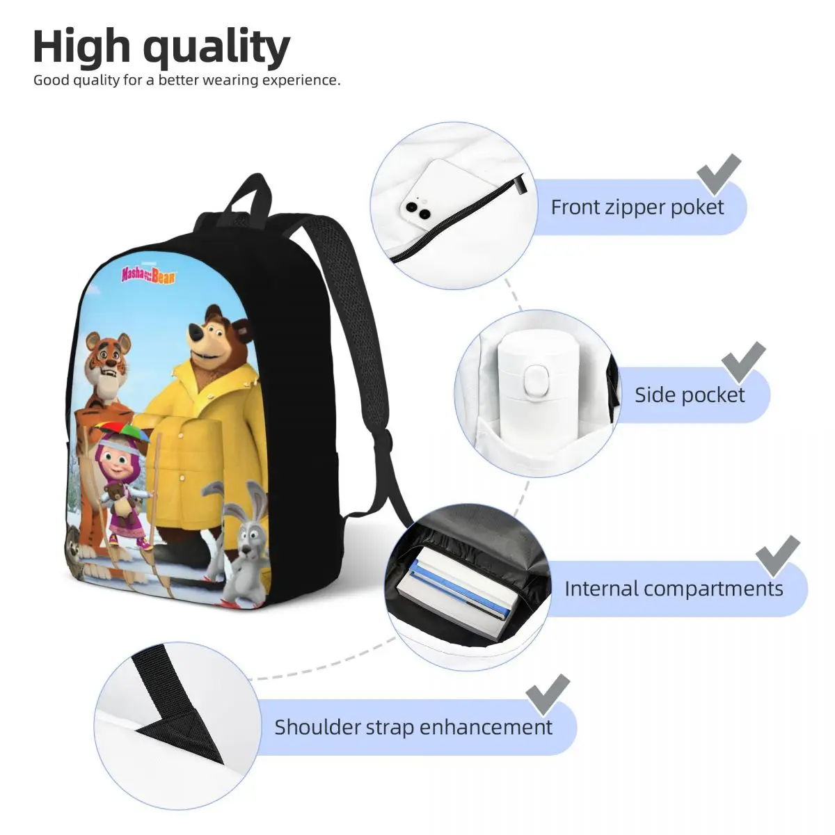 Primavera dos desenhos animados bonito m-asha e urso para adolescentes estudante escola bookbag lona mochila primária high college com bolso