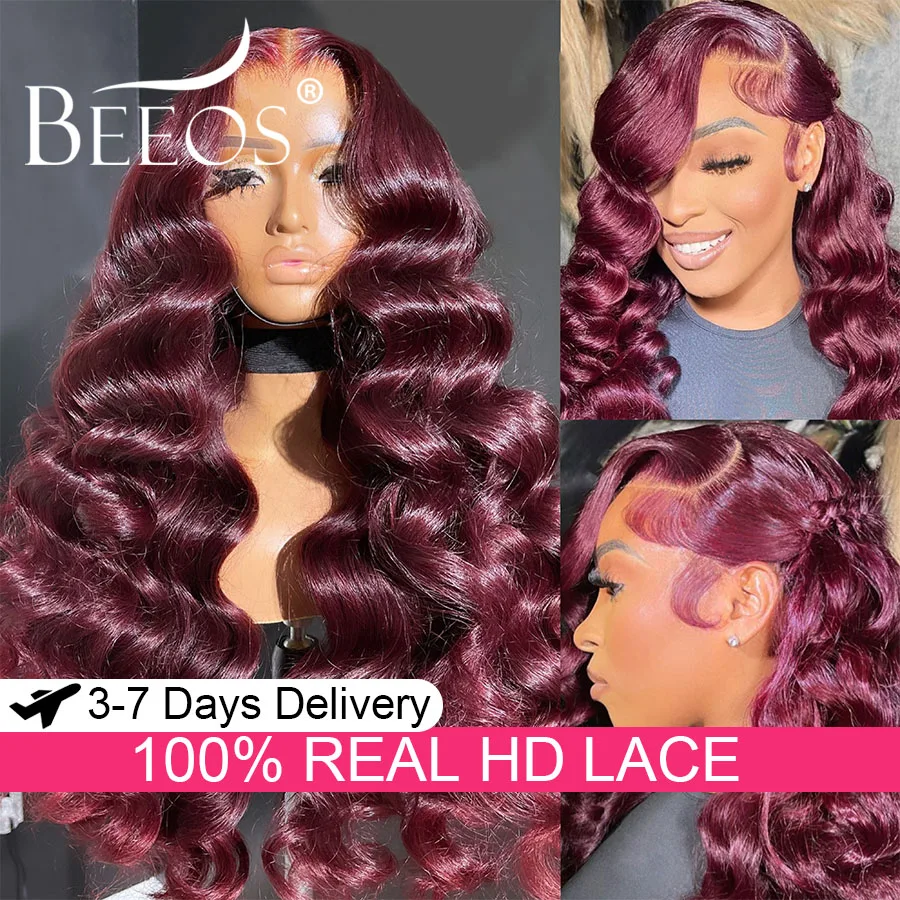 250% Burgundy Loose Wave 34 inch 13x6 Front Wigs Skinlike Invisible Lace 100% Human Hair Wigs Pre Plucked For Women Brazilian