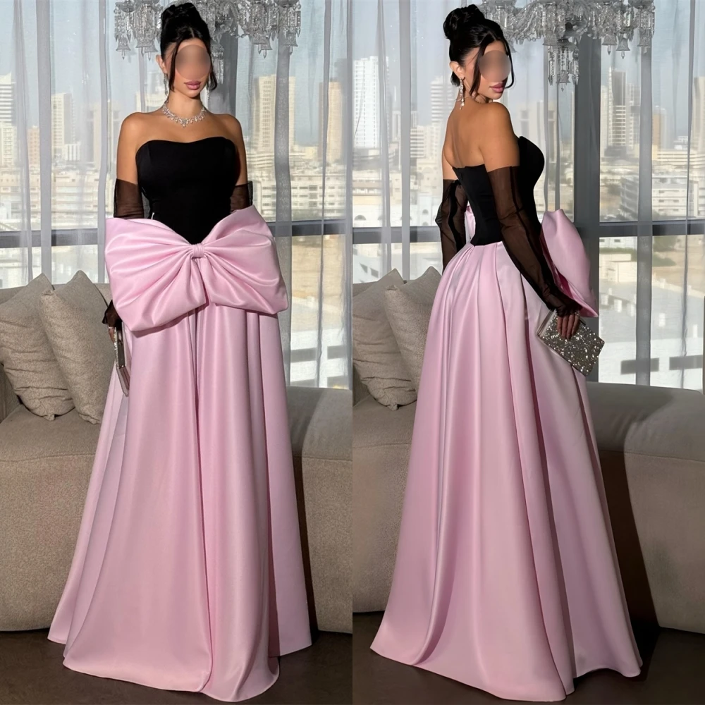 

Customized Luxury Satin Evening Dress Simple Strapless Sweep Train Prom Dresses Modern Contrast Color Special Occasion Gowns