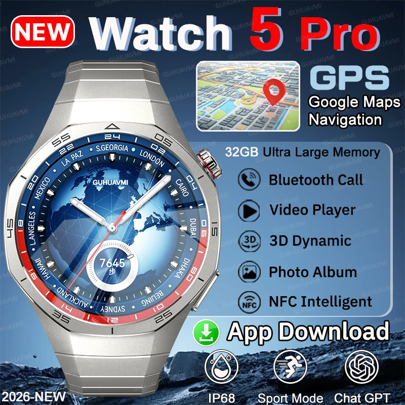 

Global Version DT5 Pro GPS Google Maps Navigation Smart Watch 32GB Big MemoryMusic/Video Player Chat GPT NFC Sport HD Talk Watch